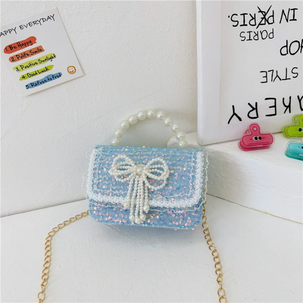 2024 Korean Style Pearl Kid's Handbag Lace Bow Princess Shoulder Messenger Bag Sequin Zero Wallet Pocket Pack