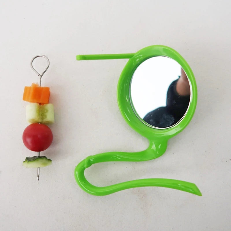 Bird Mirror Toy with Plastic Perch Stand for Cage Parrot Metal Fruit Vegetable Holder Feeder for Lovebirds Finches Canaries