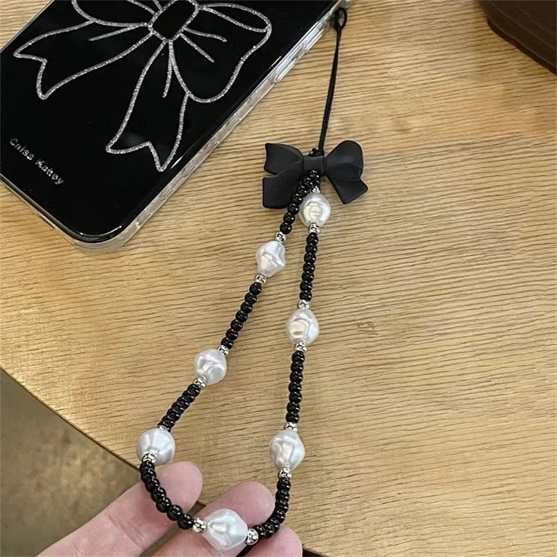 Retro Bowknot Pearl Phone Charm Strap Flower Bead Pendant Korean Bracelet For iPhone Samsung Accessories Hanging Rope For Girl