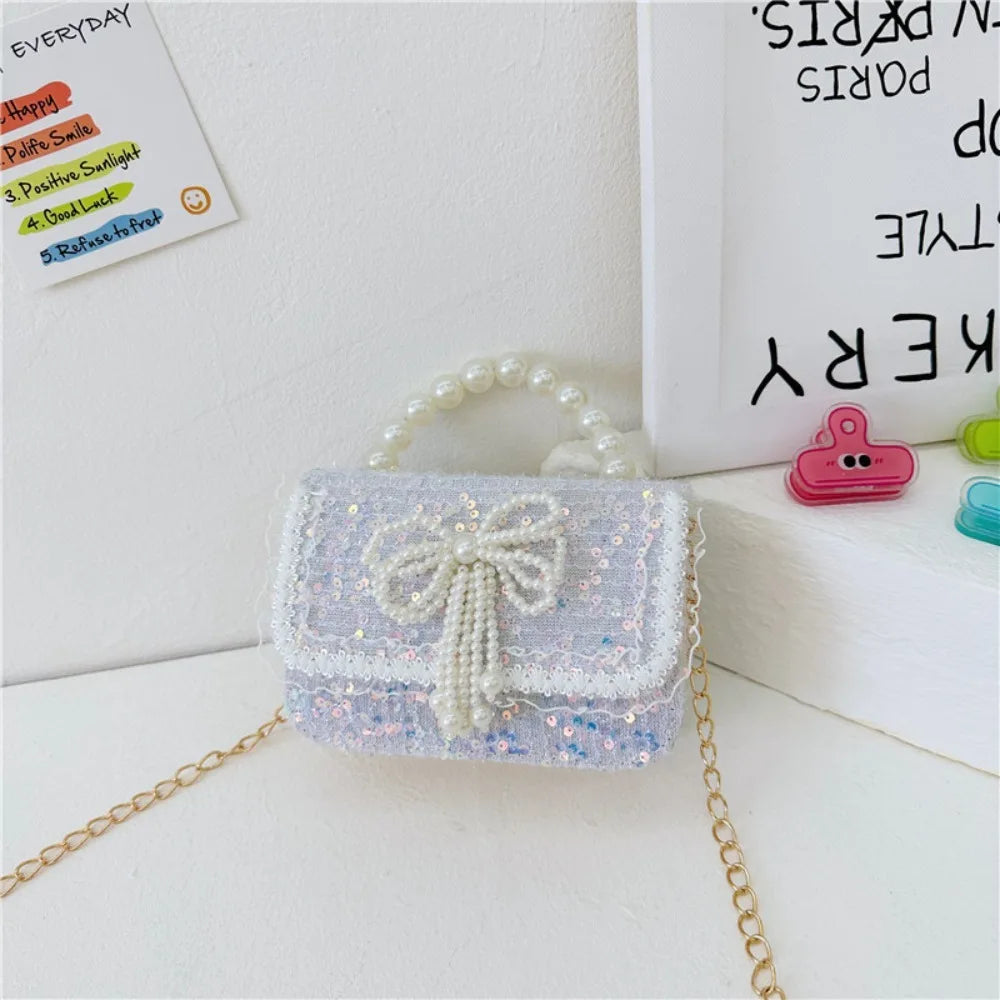 2024 Korean Style Pearl Kid's Handbag Lace Bow Princess Shoulder Messenger Bag Sequin Zero Wallet Pocket Pack