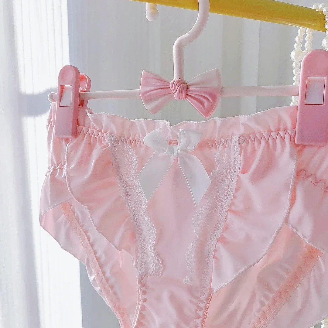 Lotus Leaf Edge High Slit Lolita Sweet Panties Japanese Cute Student Mid Waist Underwear Girl Milk Silk Triangle Pants 섹시