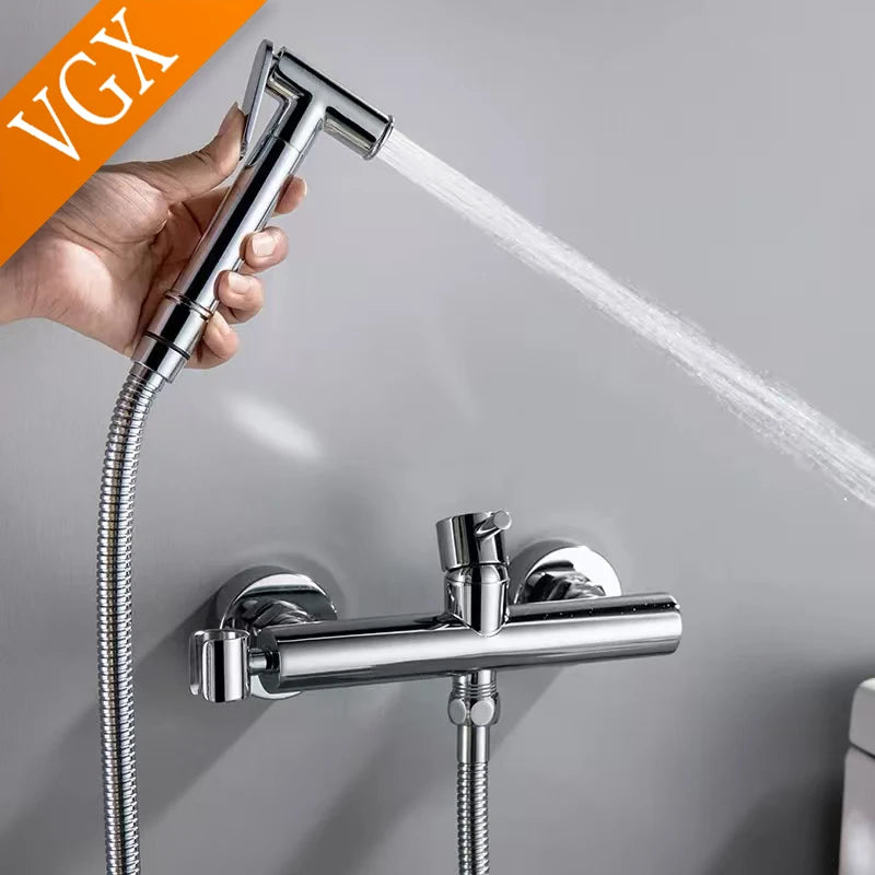 VGX Brass Bidet Faucet Set Handheld Ducha Higienica Hot Cold Toilet Crane Women Washer Bathroom Shattaf Sprayer Hygienic Shower