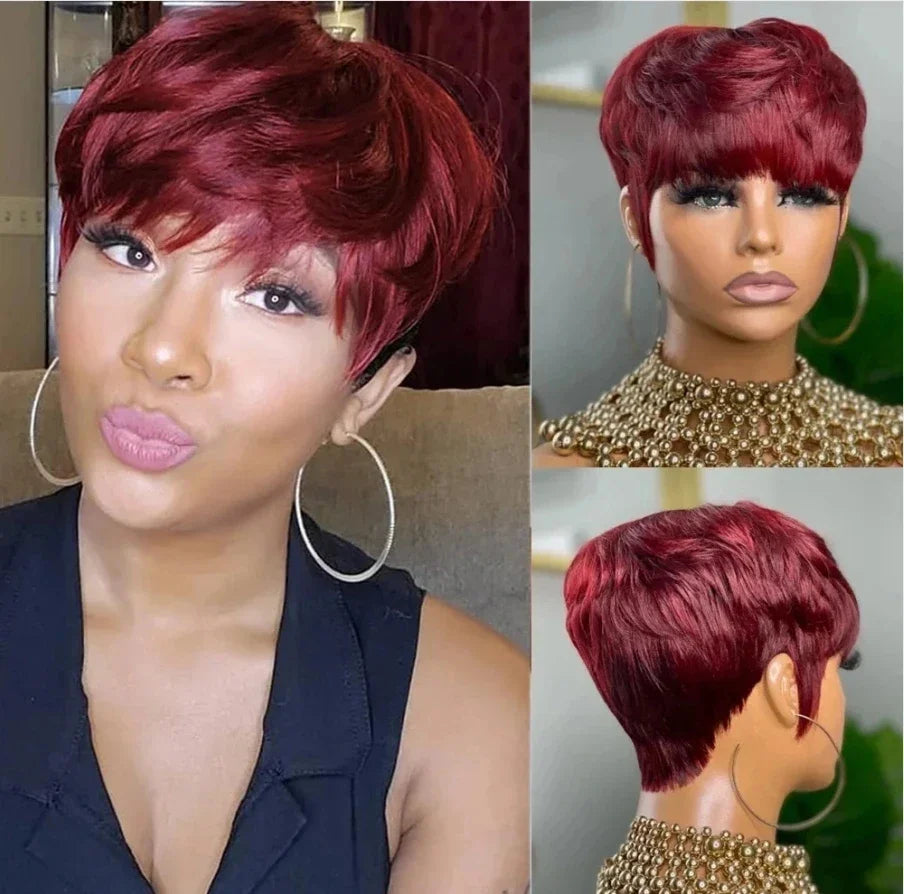 Perruque courte et lisse en cheveux humains, coupe Pixie, fabriquée à la machine, pour femmes noires, avec frange, dégradée, vierge, noir 1B, bonnet complet