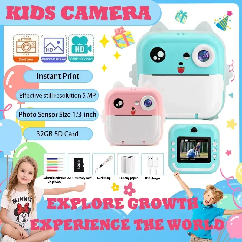 Digital Camera Toys Kids Instant Print Thermal Print Camera Instant Print Photo Video with 32G Memory Card Kids 1080P HD
