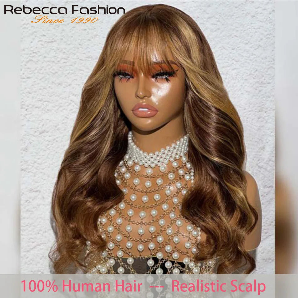 Perruques Rebecca 3x1 Body Wave 100 % cheveux humains avec frange rideau pour femmes, cheveux brésiliens Remy, sans colle, colorées, QVR