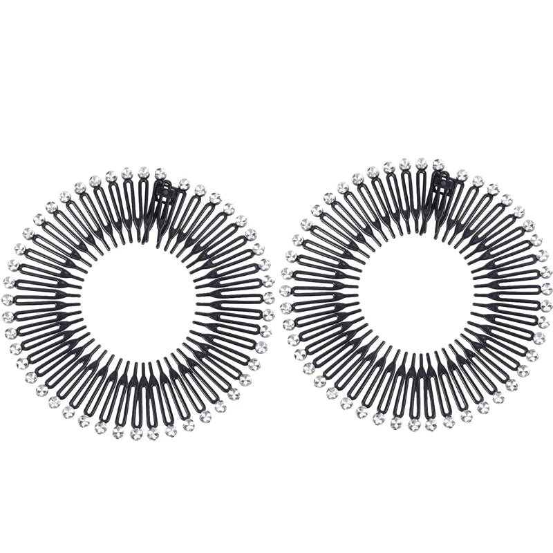 2pcs Rhinestone Plastic Full Circle Stretch Diamond Flexible Comb Teeth Headband Hair Band Clip Face Wash Fixed Hair Accessories