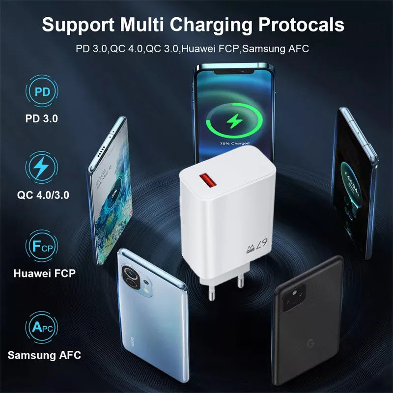 67W GaN USB Fast Charging Quick Charger QC3.0 USB Type C Cable for Xiaomi 14 13 12 Redmi Note Turbo Mobile Phone Charger Adapter