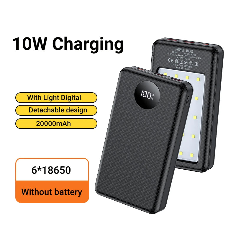 6*18650 Power Bank Battery Box Holder Dual USB Type C Charge Shell With camping lights for iPhone Huawei 18650 Battery Cases