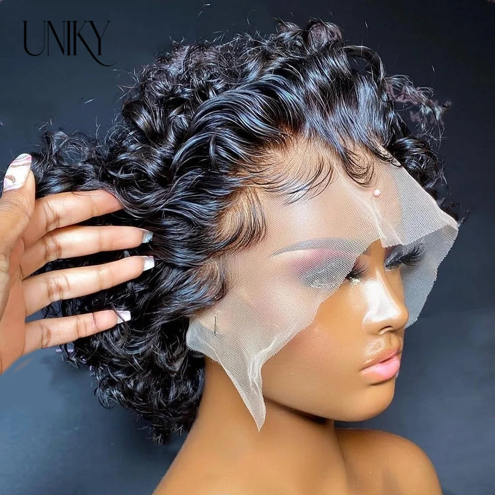 Pixie Cut Wig for Black Women Preplucked 13x1 13x4 Lace Hairline Water Wave Wig Peruvian Short Curly Lace Bouncy Human Hair Wigs