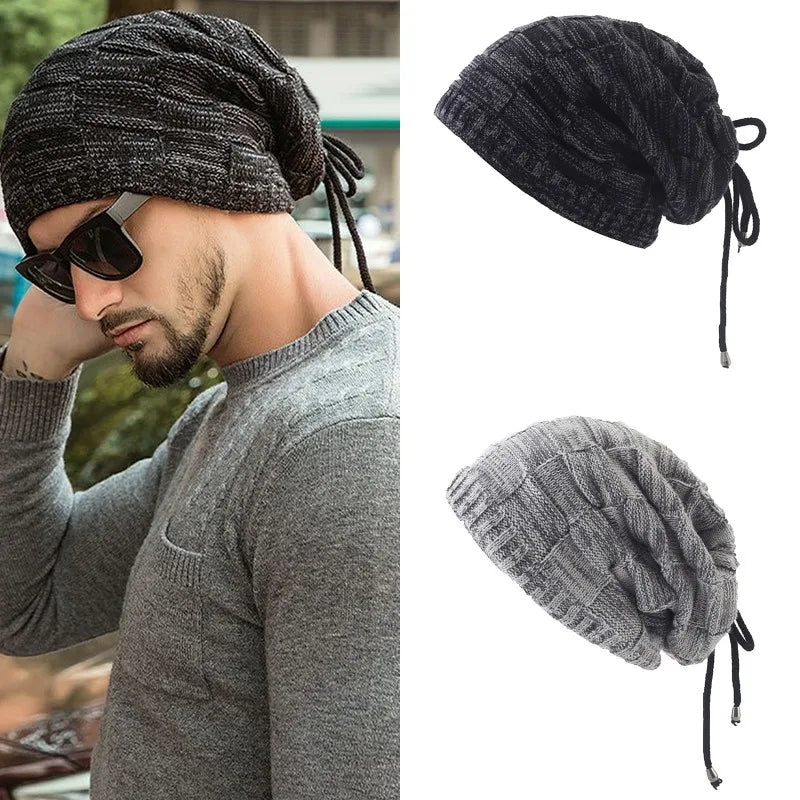 Bonnet tricoté chaud pour homme et femme, bonnet à pompon, bandana, cordon de serrage, écharpe, épais, chaud et doux, tête et cou