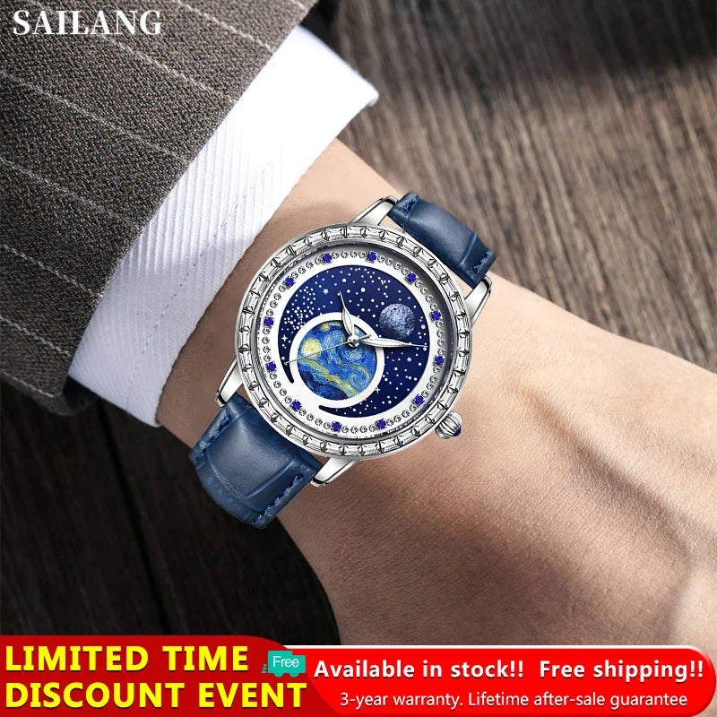 100%Original SAILANG Men Watch Waterproof Leather Strap Simple Fashion Starry Sky Swarovski Diamonds Men’s Luxury WristWatch