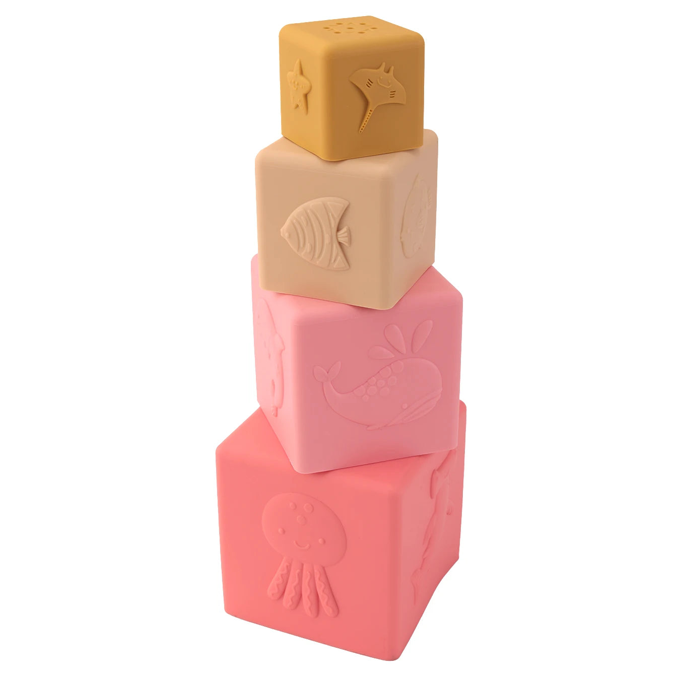 Lot de 4 gobelets empilables en silicone Montessori, jouets de bain carrés et emboîtables pour bébé, éducation précoce, développement sensoriel, anneau de dentition