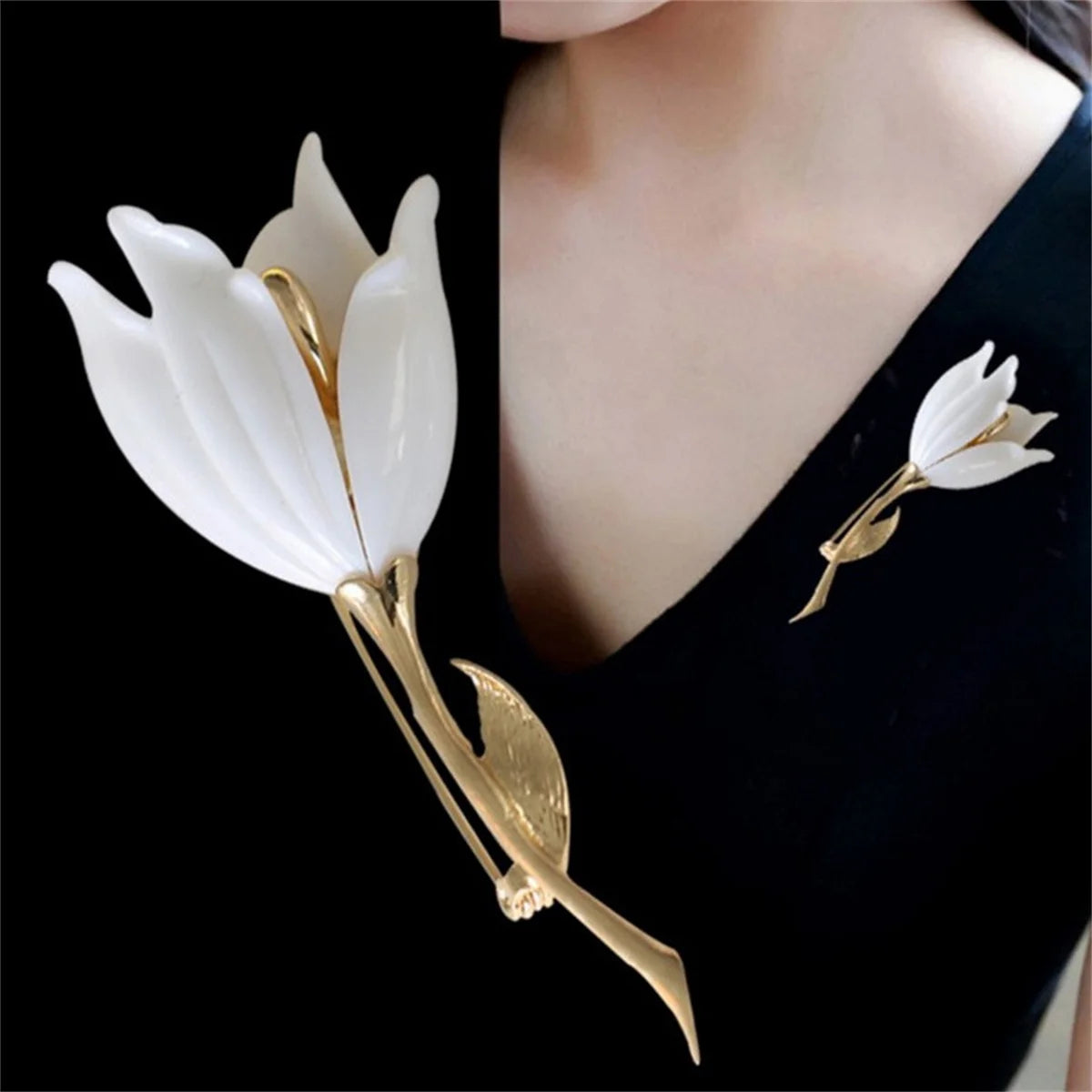 Rinhoo Luxury Pink Green Zircon Tulip Flower Brooch For Women Elegant Pearl Floral Lapel Pins Plant Button Badge Wedding Jewelry