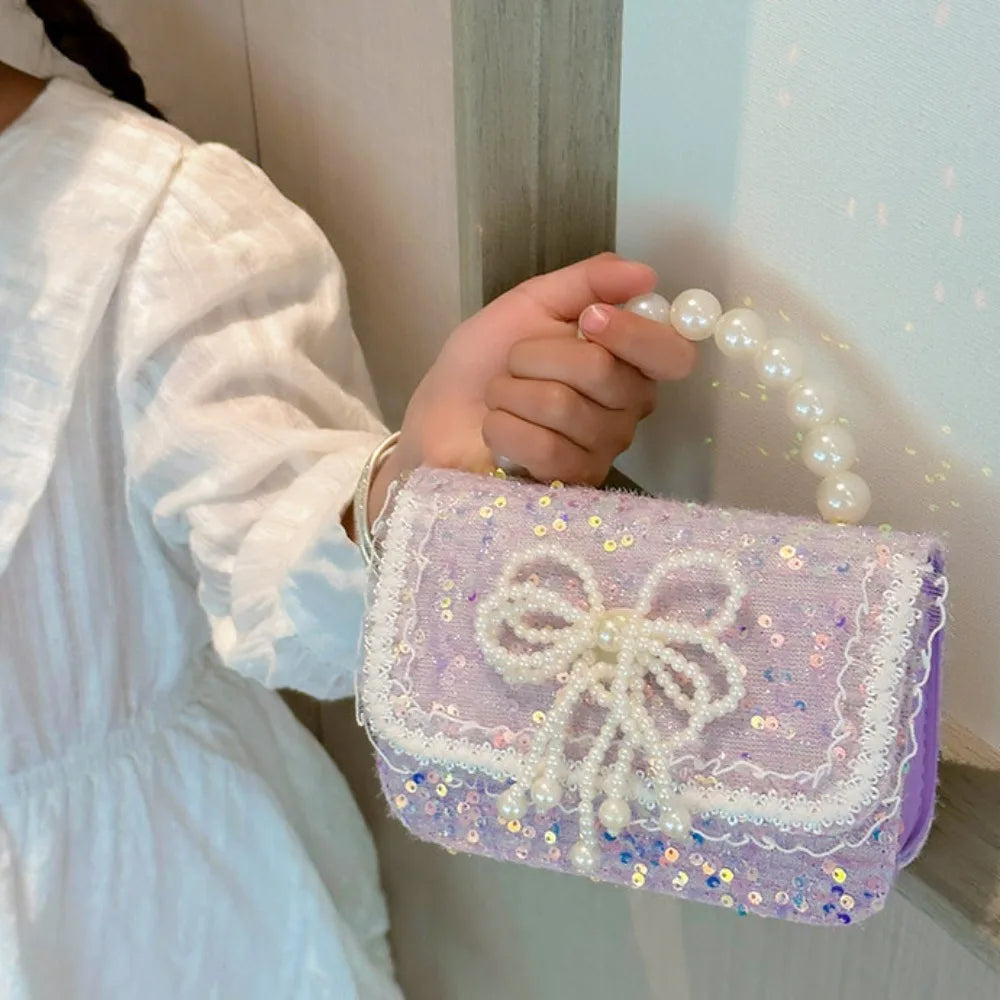 2024 Korean Style Pearl Kid's Handbag Lace Bow Princess Shoulder Messenger Bag Sequin Zero Wallet Pocket Pack
