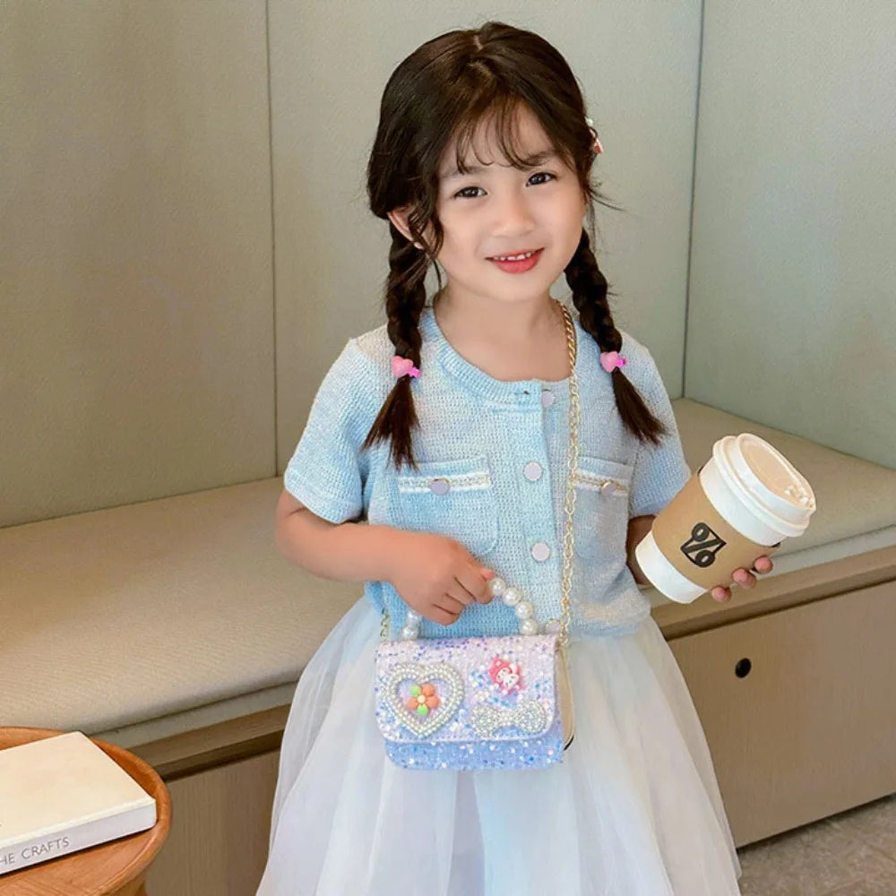 2024 Korean Style Pearl Kid's Handbag Lace Bow Princess Shoulder Messenger Bag Sequin Zero Wallet Pocket Pack