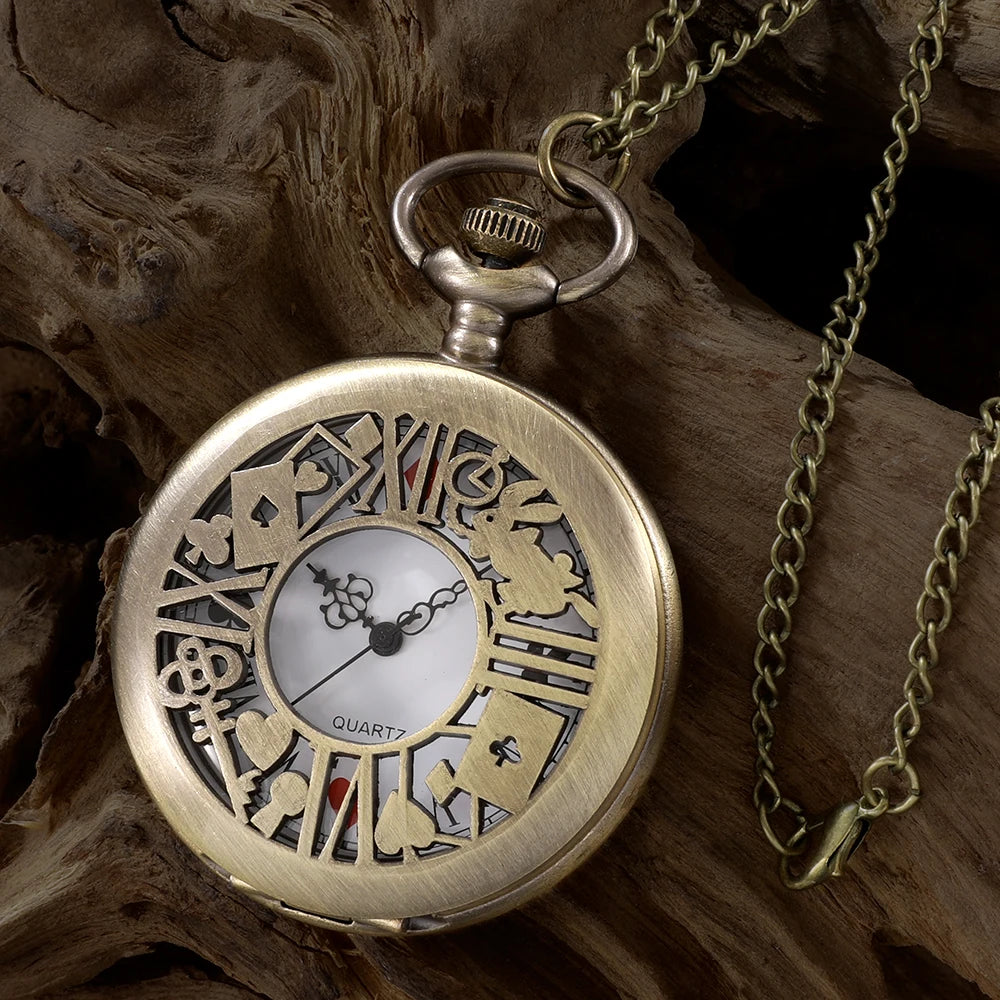 Montre de poche à quartz en bronze, style rétro Alice, pendentif, collier, cadeau pour homme et femme