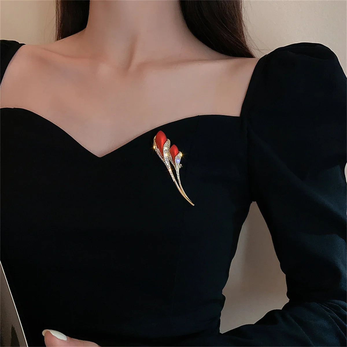 Rinhoo Luxury Pink Green Zircon Tulip Flower Brooch For Women Elegant Pearl Floral Lapel Pins Plant Button Badge Wedding Jewelry