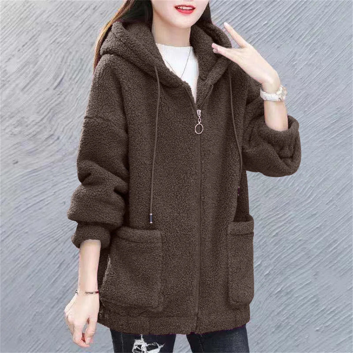 Women Fleece Hooded Sweater Solid Lamb Cashmere Cardigan Jacket Coat Ladies Casual Plush Autumn Winter Long Sleeve Solid Tops
