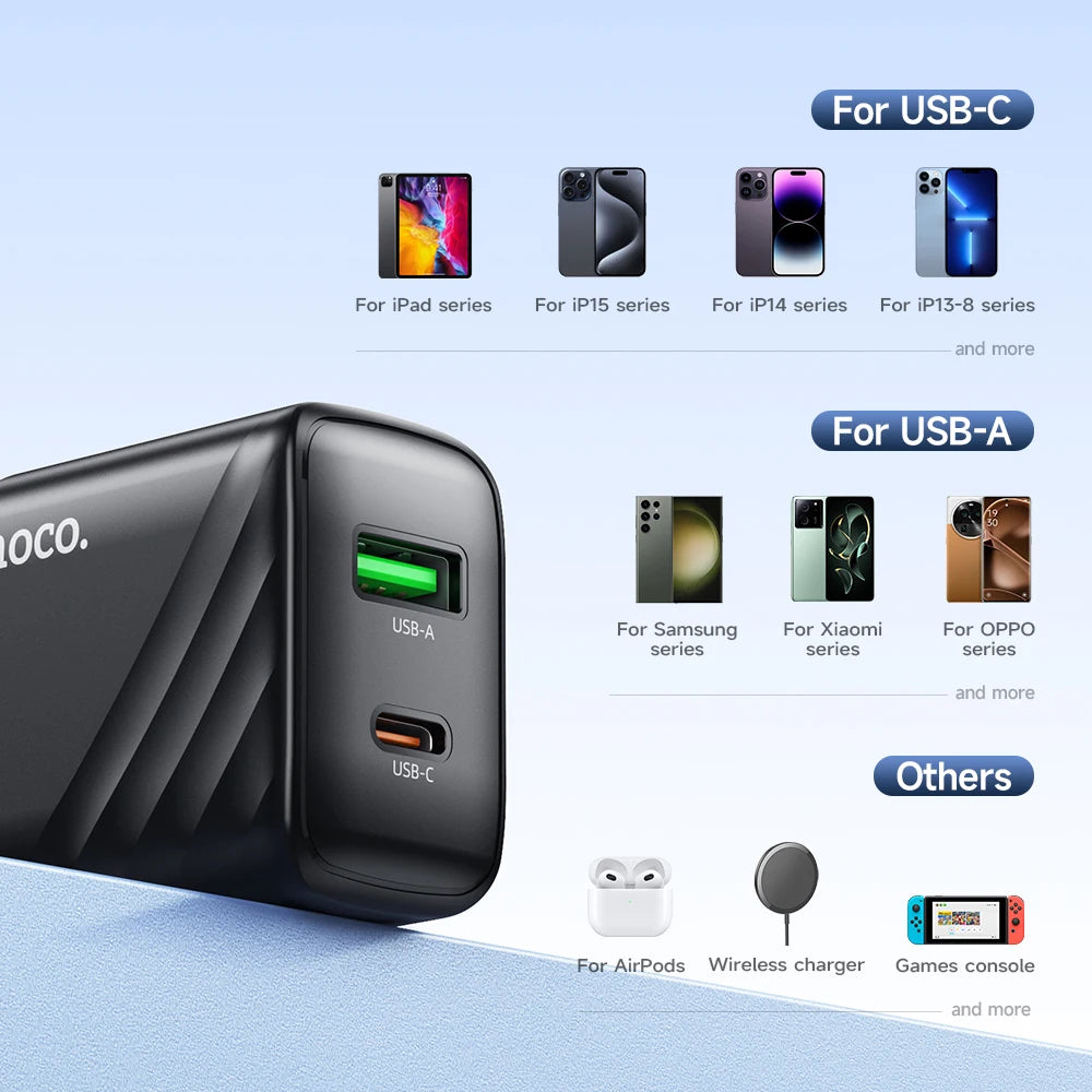 HOCO CS25A 20W USB Type C Charger PD Fast Charge Phone QC 3.0 Quick Chargers For iPhone 15 14 13 12 Pro Max Mini iPad Charging
