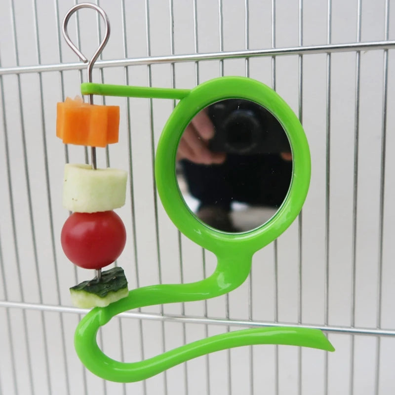 Bird Mirror Toy with Plastic Perch Stand for Cage Parrot Metal Fruit Vegetable Holder Feeder for Lovebirds Finches Canaries