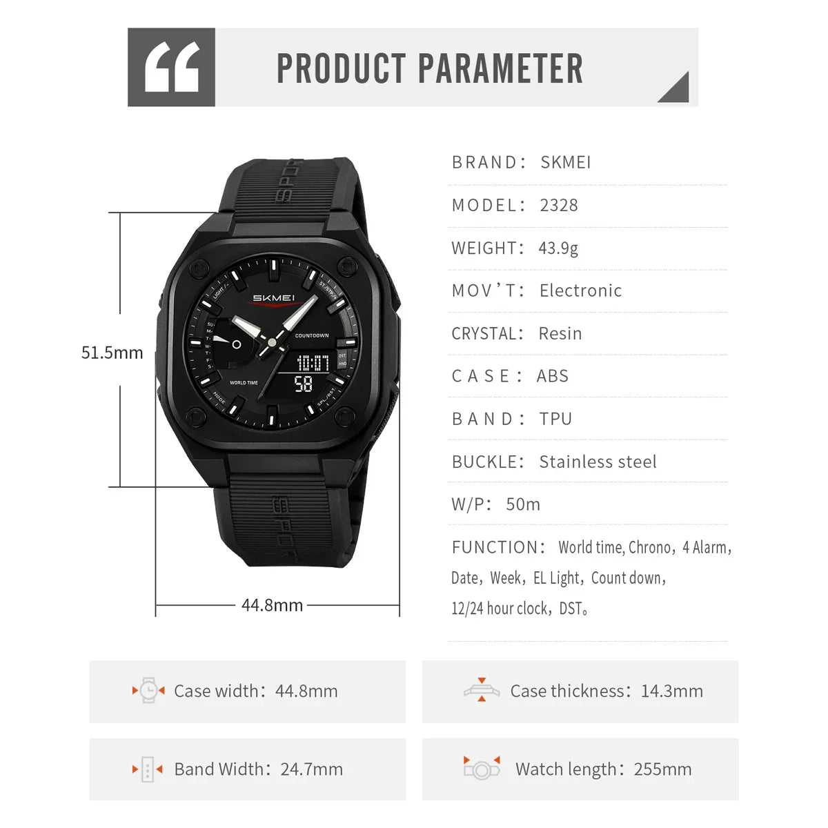 Montre SKMEI 2328 pour homme, accessoire de sport, étanche, réveil, numérique, électronique