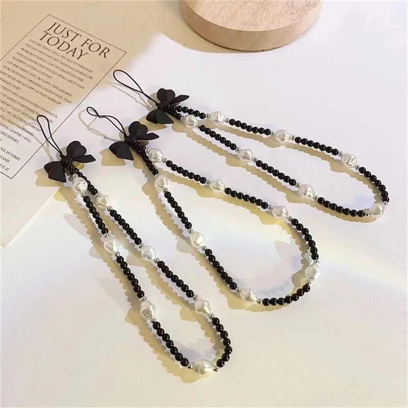 Retro Bowknot Pearl Phone Charm Strap Flower Bead Pendant Korean Bracelet For iPhone Samsung Accessories Hanging Rope For Girl