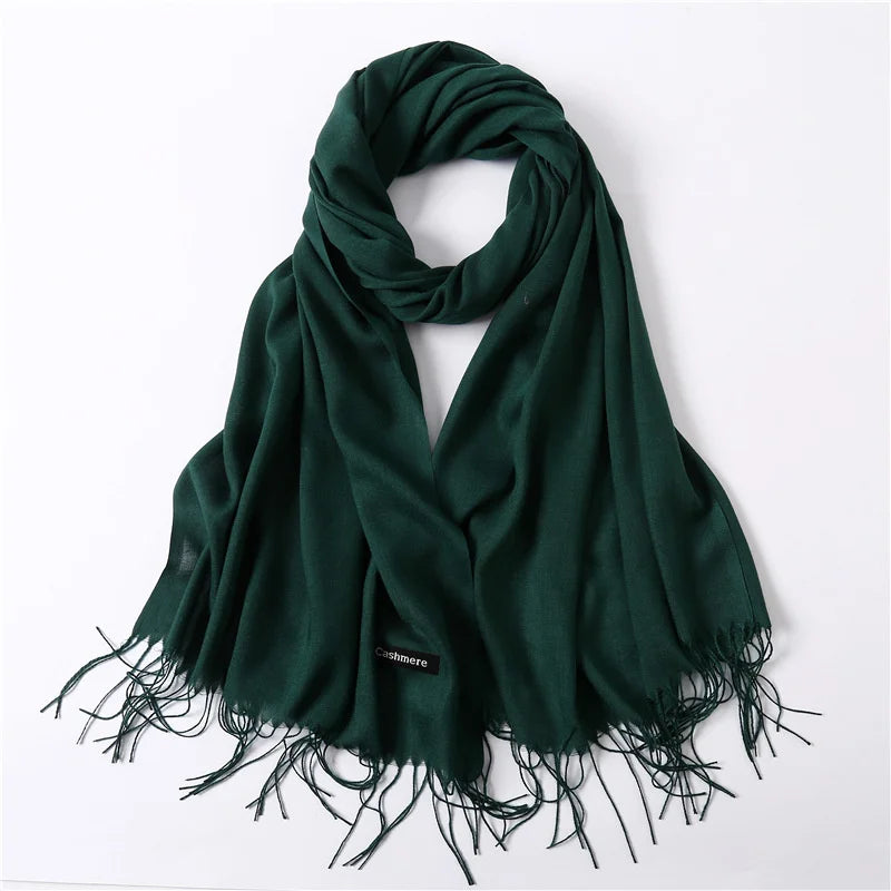 Écharpe tendance pour femme, couleur unie, hijab d'hiver, pompons, long châle, style cachemire, pashmina, bandana