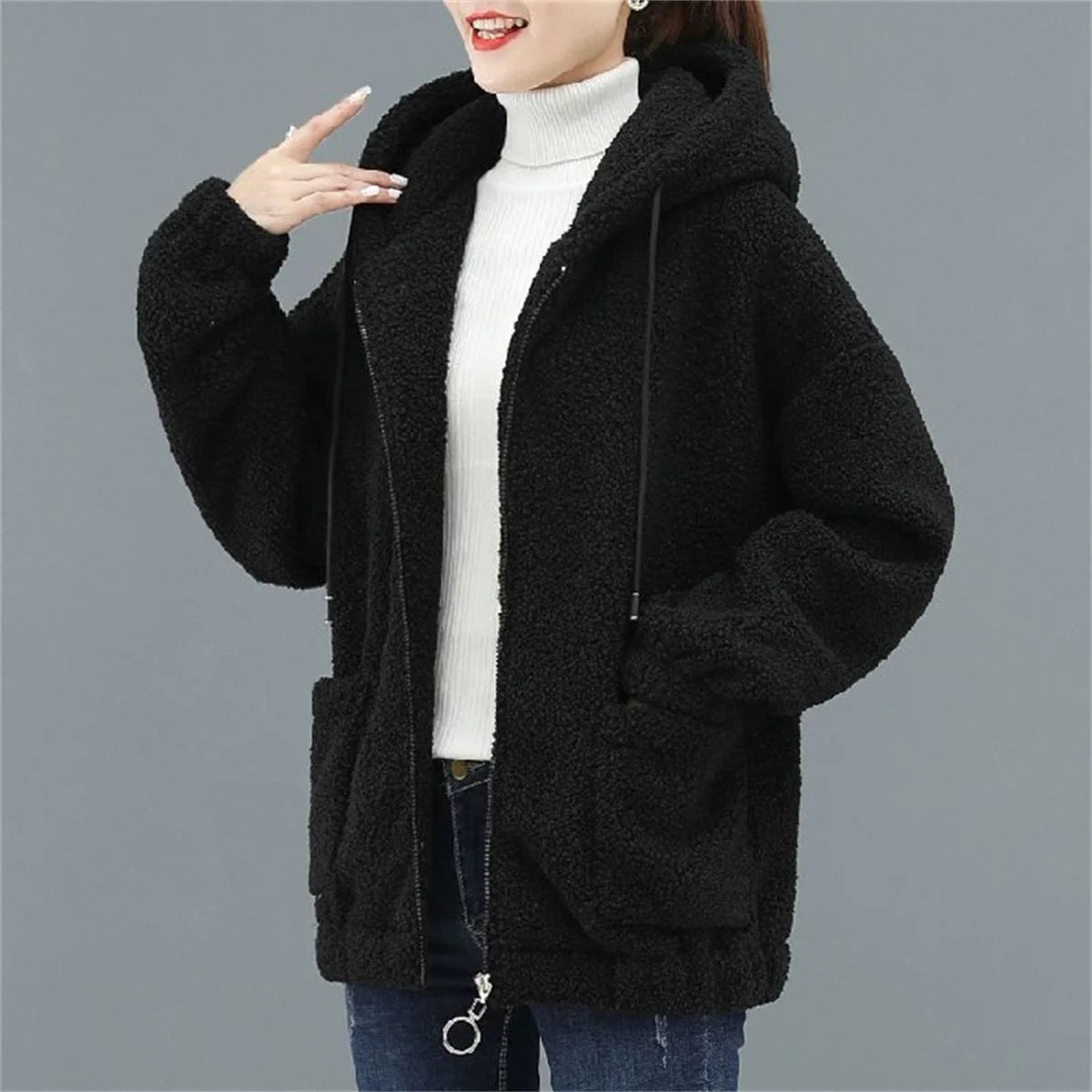 Women Fleece Hooded Sweater Solid Lamb Cashmere Cardigan Jacket Coat Ladies Casual Plush Autumn Winter Long Sleeve Solid Tops