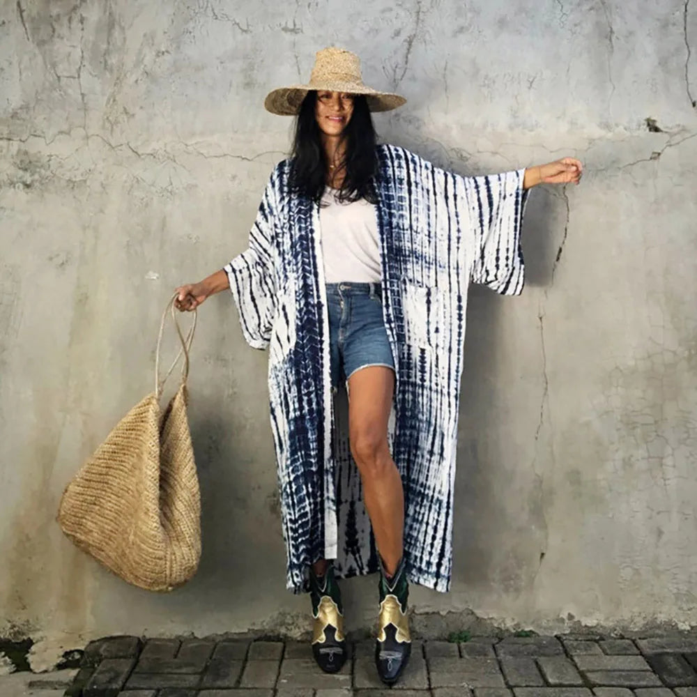 2023 Women Swimsuit Pareo Beachwear Boho Striped Print with Belt Short Sleeve Tunic Cardigan Summer Sexy Kimono Bikini Cover Up