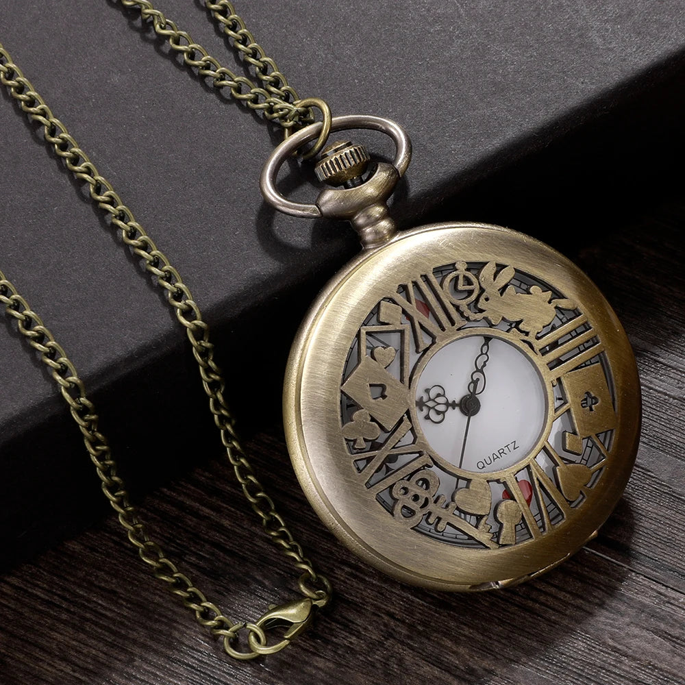 Montre de poche à quartz en bronze, style rétro Alice, pendentif, collier, cadeau pour homme et femme