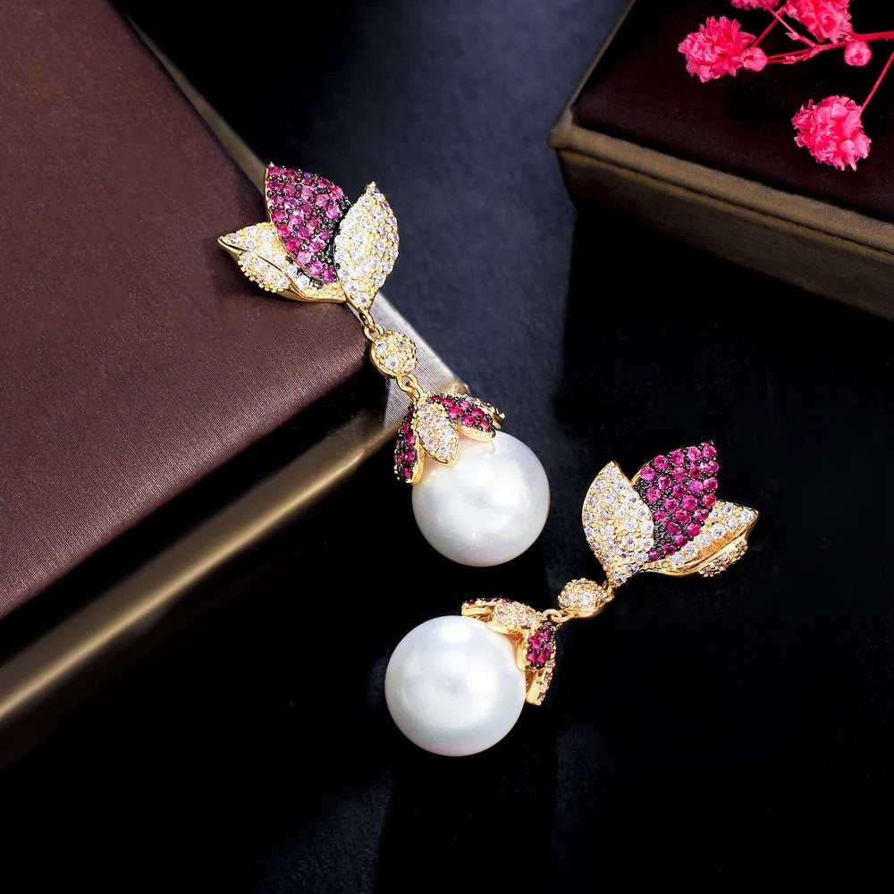 CWWZircons Elegant Charming Red Cubic Zircon Stone Setting Leaf Drop Long Pearl Earrings for Women Engagement Party Gifts CZ462