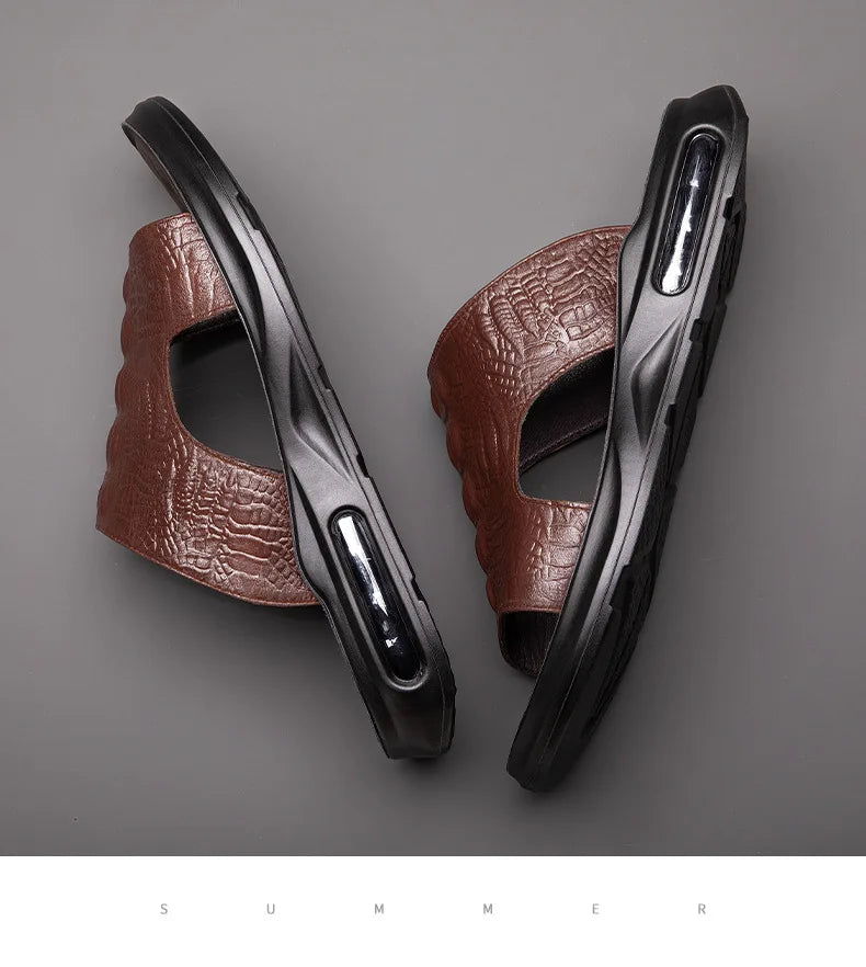 Chaussures d'été pour hommes, sandales en cuir véritable, imprimé crocodile, pantoufles décontractées, tongs à coussin d'air, chaussures de plage cool
