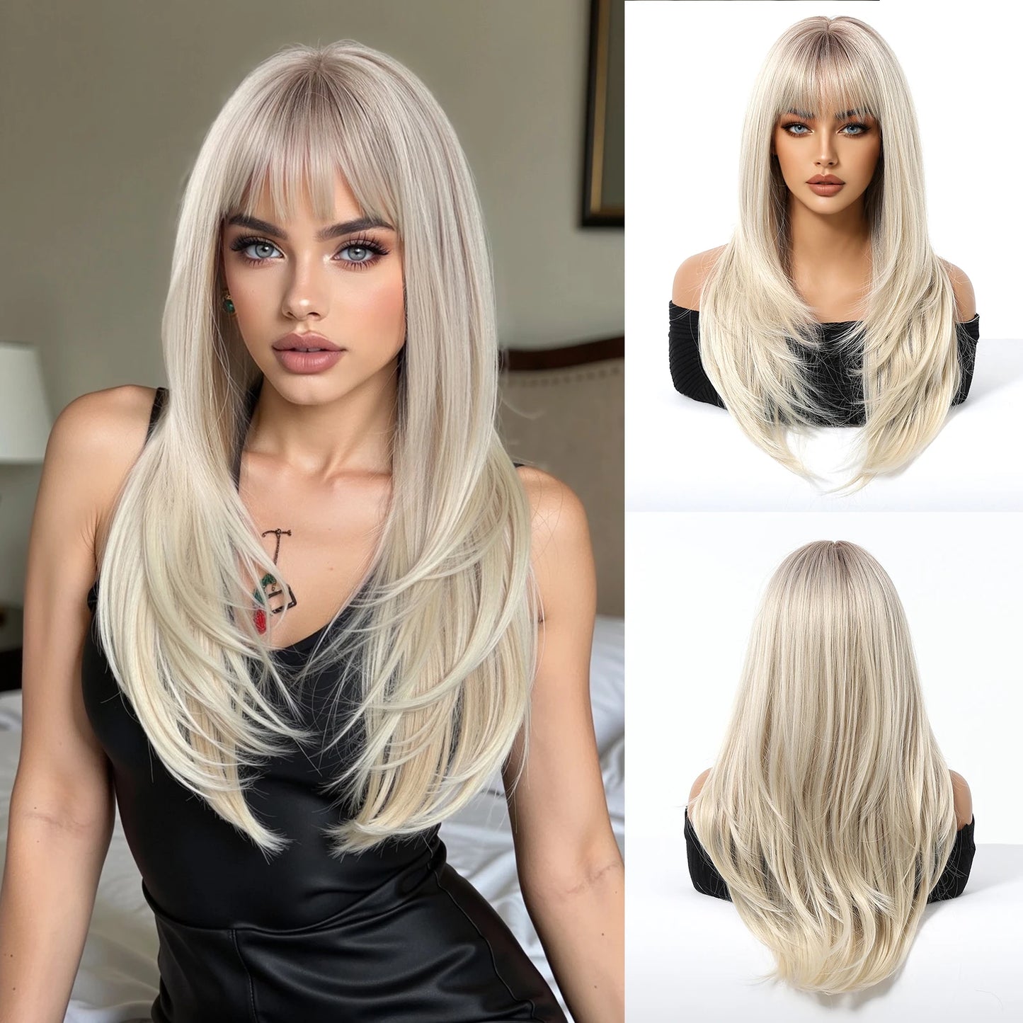 Perruques synthétiques longues blondes EASIHAIR pour femmes, cheveux naturels lisses et dégradés avec frange, résistantes à la chaleur, pour un usage quotidien