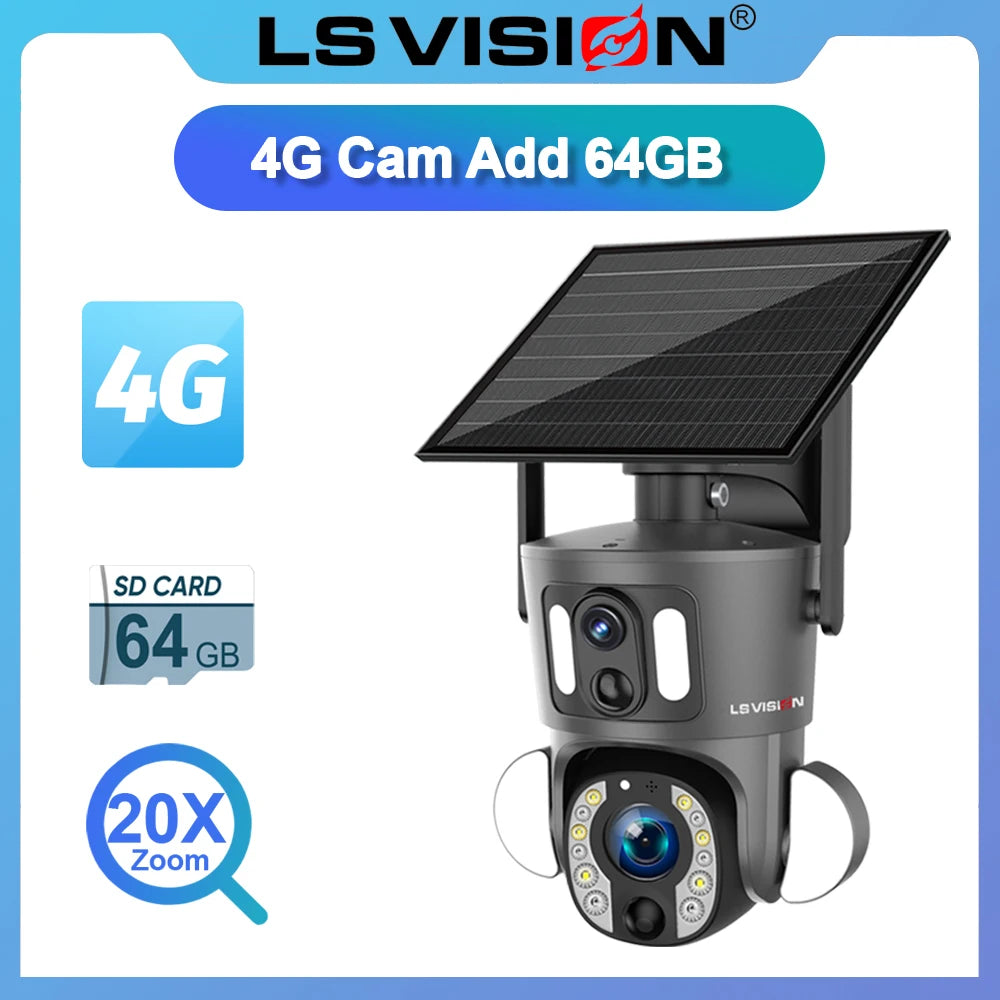LS VISION 4G Solar Security Camera Outdoor 20X Zoom Dual Screen 8MP WiFi PTZ Dual Lens PIR Detection Auto Tracking Camera UBOX