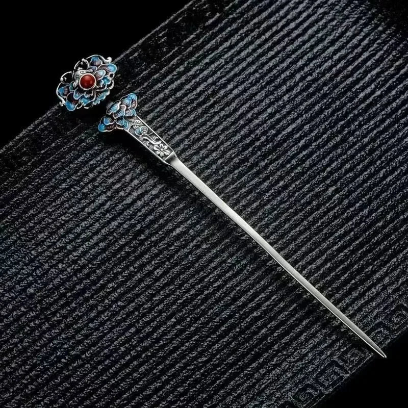 Classic charms enamel Lotus flower blue tiara hair Jewelry 925 silver exquisite ethnic style Hanfu qipao hanfu accessories