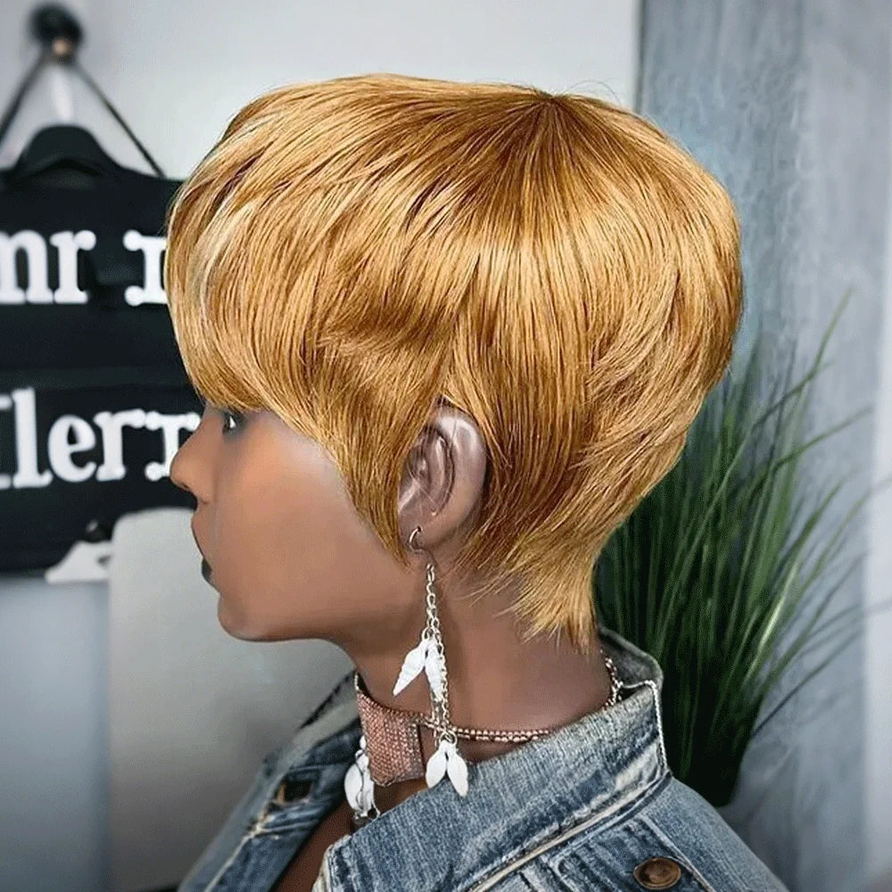 Perruque courte et lisse en cheveux humains, coupe Pixie, fabriquée à la machine, pour femmes noires, avec frange, dégradée, vierge, noir 1B, bonnet complet