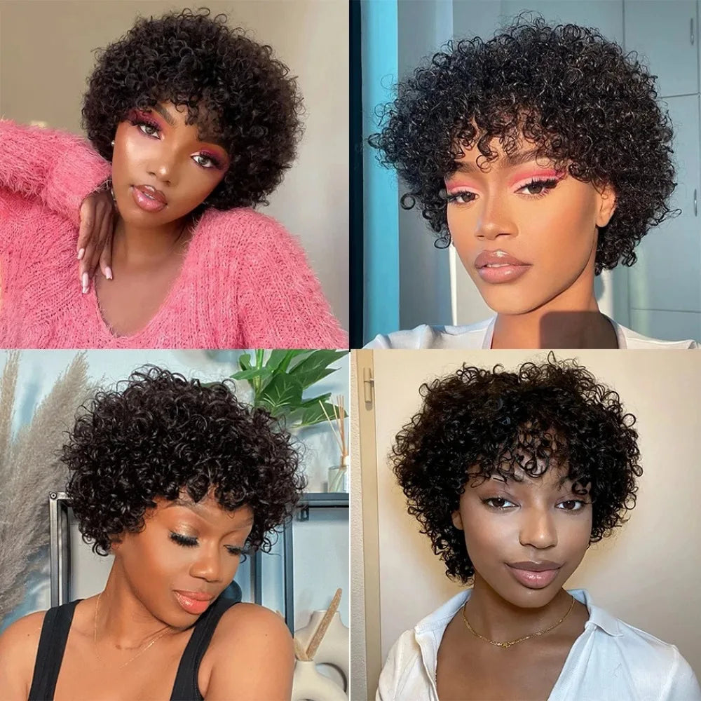 Full Machine Made 8 Inch Short Pixie Curly Bob Wig with Bangs Brazilian Human Hair Bouncy Curl Wig for Women Ready to Go Wig 
