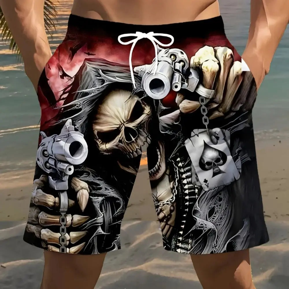 Men's Skull Print Beach Shorts Lightweight Soft Texture Summer Casual Sweatpants Gym Basketball Fishing and Outdoor Activities