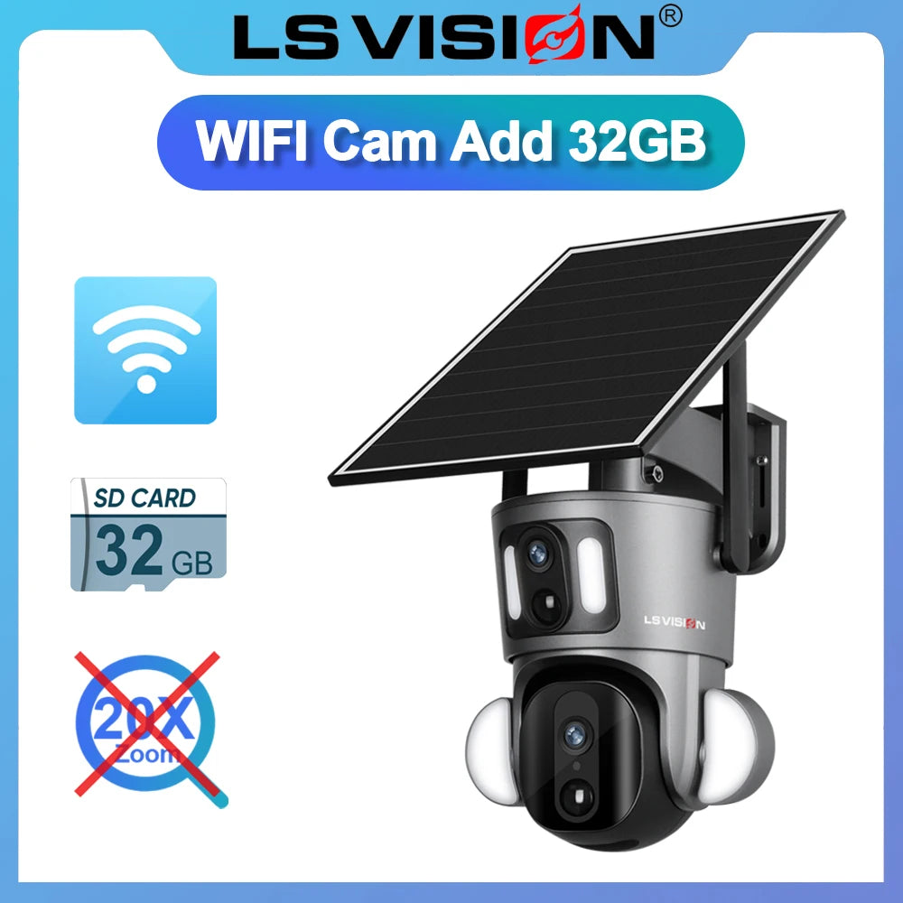 LS VISION 4G Solar Security Camera Outdoor 20X Zoom Dual Screen 8MP WiFi PTZ Dual Lens PIR Detection Auto Tracking Camera UBOX