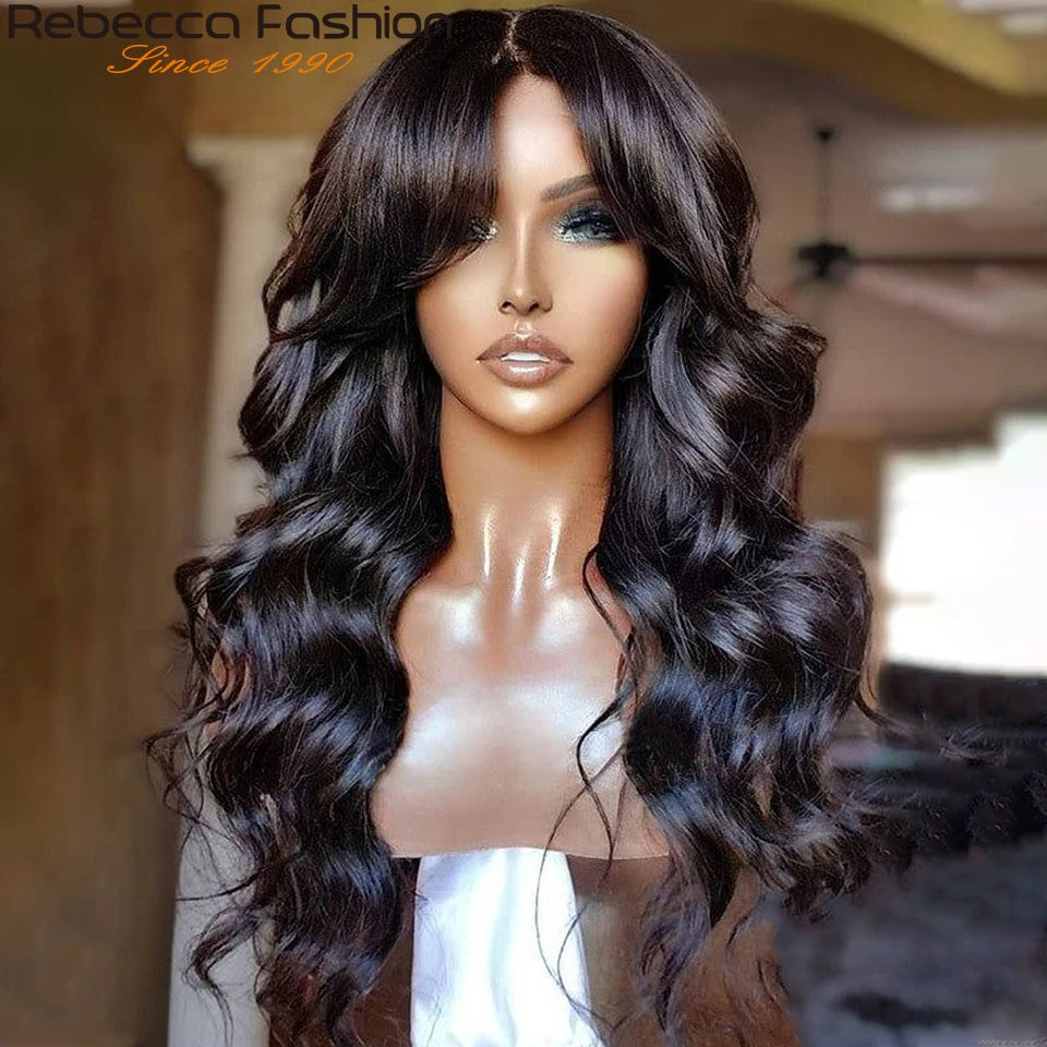 Perruques Rebecca 3x1 Body Wave 100 % cheveux humains avec frange rideau pour femmes, cheveux brésiliens Remy, sans colle, colorées, QVR