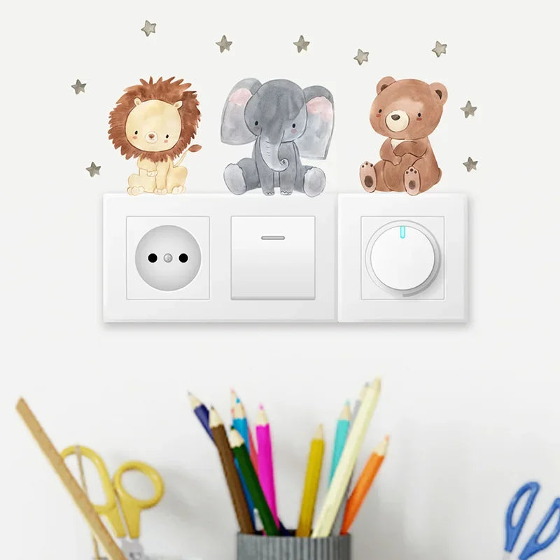 Lot de 6 autocollants muraux animaux de dessin animé pour chambre d'enfant, chambre de bébé, décoration pour interrupteur, chambre d'enfant, chambre d'enfant