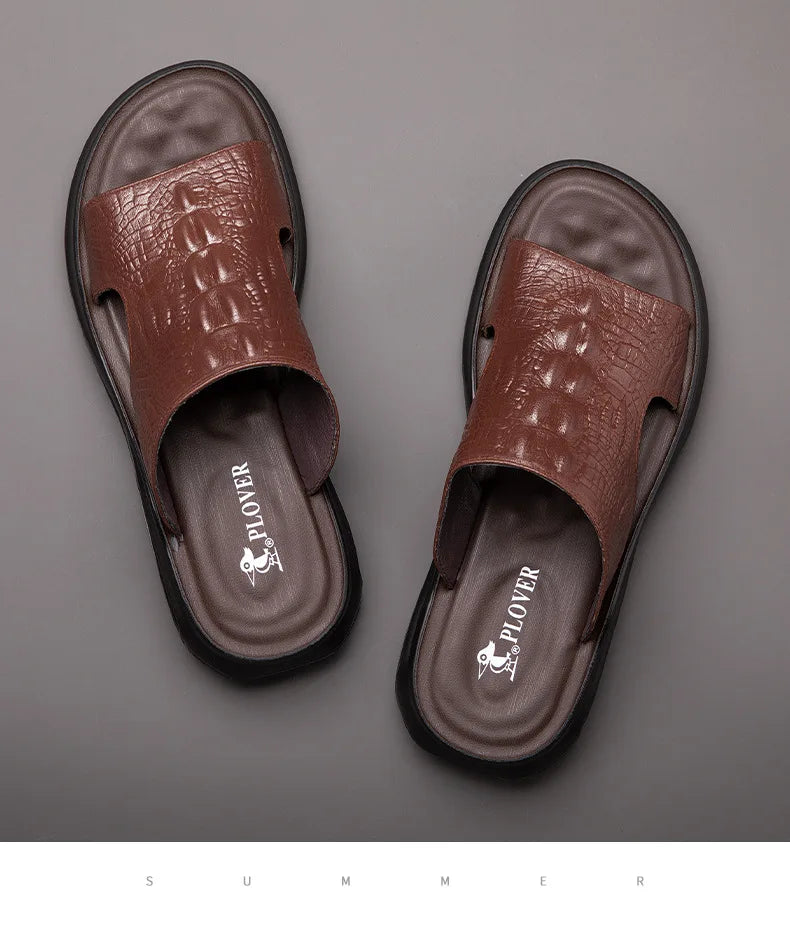 Chaussures d'été pour hommes, sandales en cuir véritable, imprimé crocodile, pantoufles décontractées, tongs à coussin d'air, chaussures de plage cool