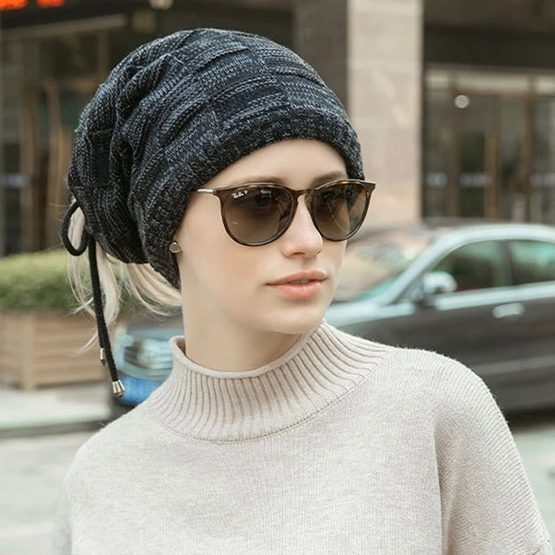 Bonnet tricoté chaud pour homme et femme, bonnet à pompon, bandana, cordon de serrage, écharpe, épais, chaud et doux, tête et cou