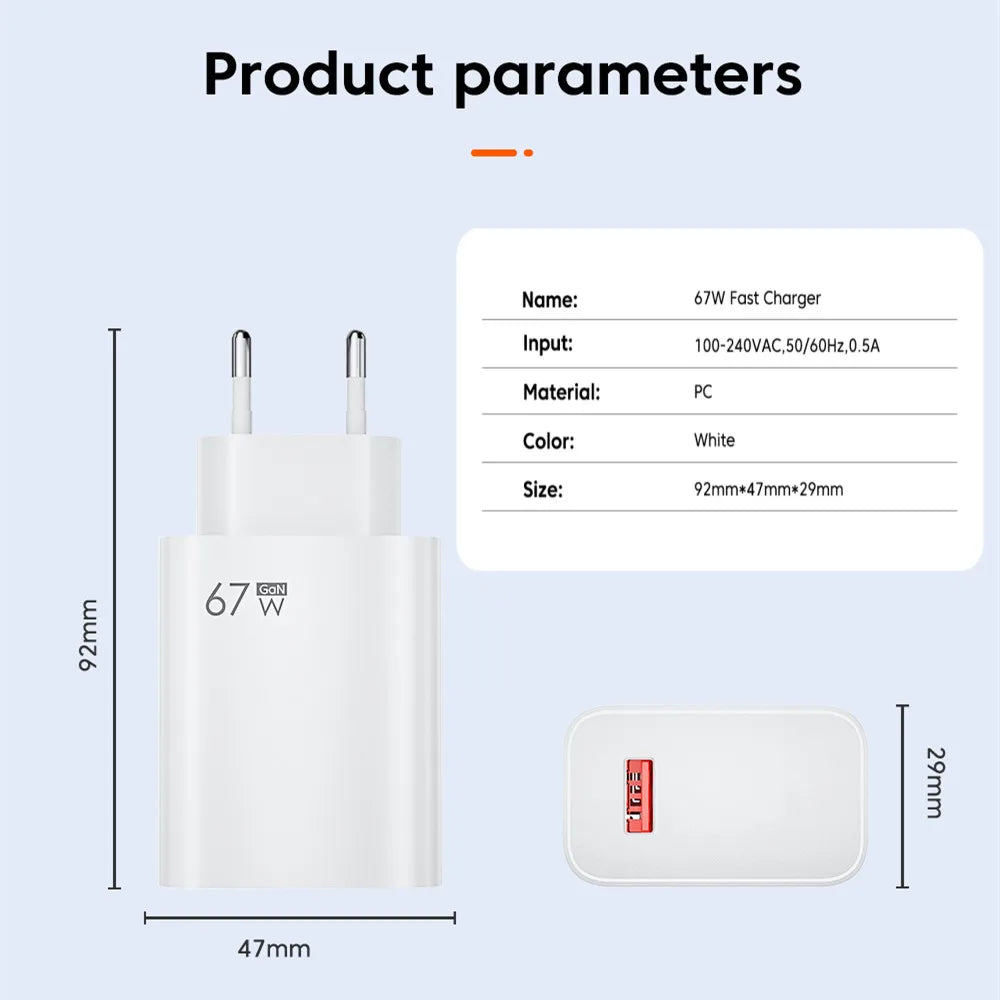 67W GaN USB Fast Charging Quick Charger QC3.0 USB Type C Cable for Xiaomi 14 13 12 Redmi Note Turbo Mobile Phone Charger Adapter