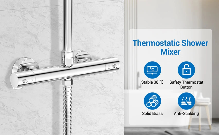 Round Thermostatic Bathtub Shower Faucet Chrome Thermostatic Mixer Valve Bar Twin Outlet Wall Mounted Bathroom Shower Mixer Taps