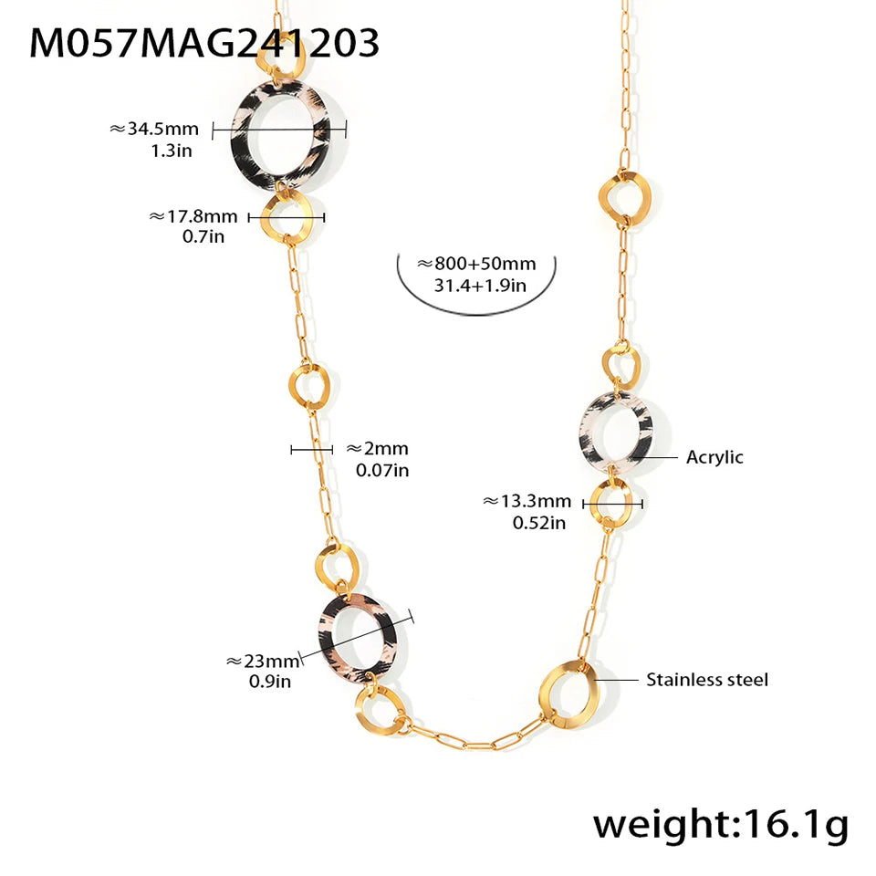 Collier long en acier inoxydable plaqué or 18 carats pour femme, chaîne de pull, imprimé léopard, accessoires de bijoux