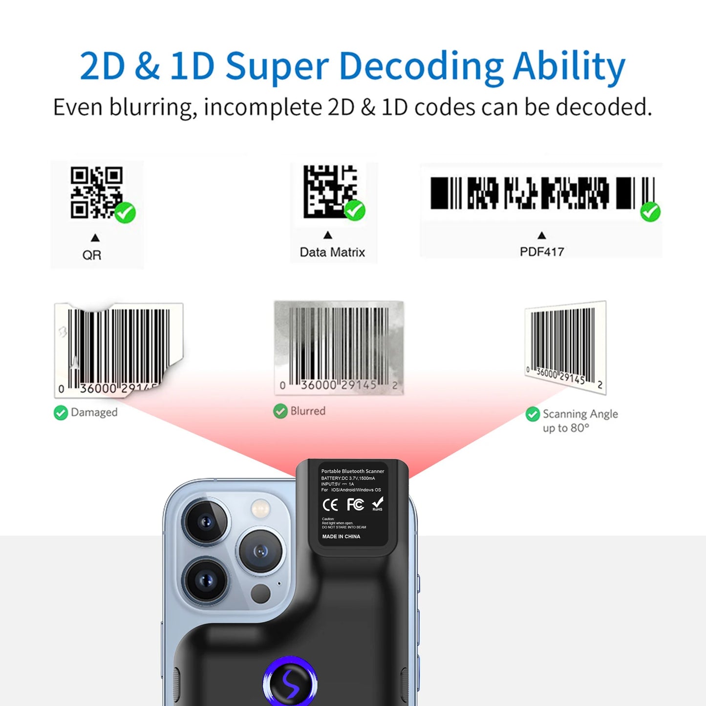 Scanner de codes-barres 2D portable sans fil JEESTON BX75, scanner mobile à clipser pour smartphones