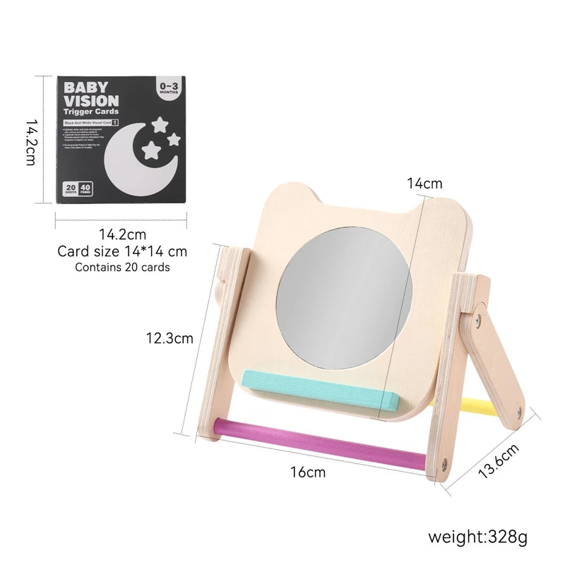 Baby Wooden Montessori Toys Mirror Tummy Time Infant Mirror Black White Contrast Visual Stimulation Sensory Development Toys