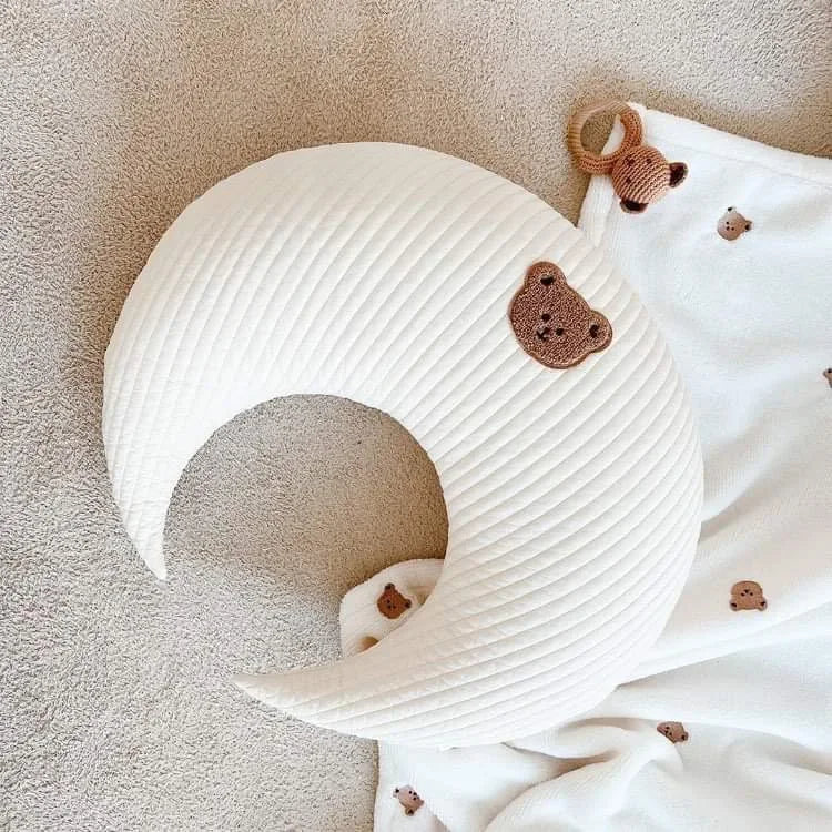 Coussin d'allaitement pour nouveau-né, coussin brodé pour bébé, coussin de lune en pur coton, oreiller de lit pour enfant, amovible et lavable