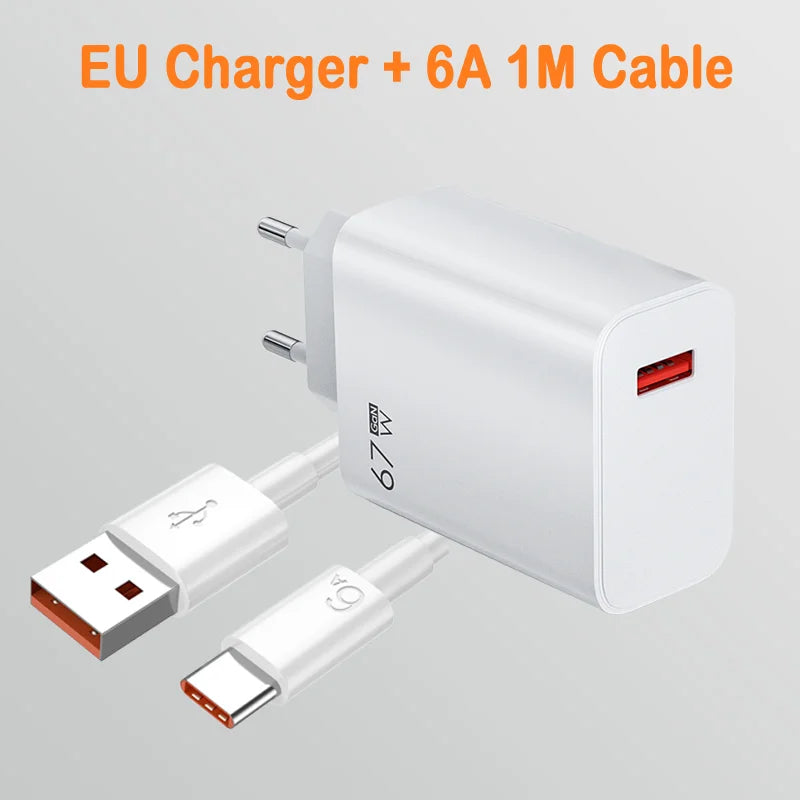 67W GaN USB Fast Charging Quick Charger QC3.0 USB Type C Cable for Xiaomi 14 13 12 Redmi Note Turbo Mobile Phone Charger Adapter